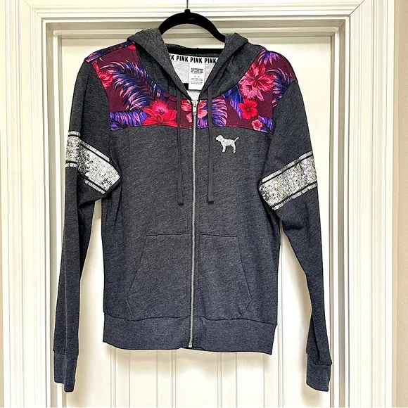Sweat à Capuche Victoria's Secret PINK - Gris Et Noir Brillant - Taille S - Neuf Avec étiquettes